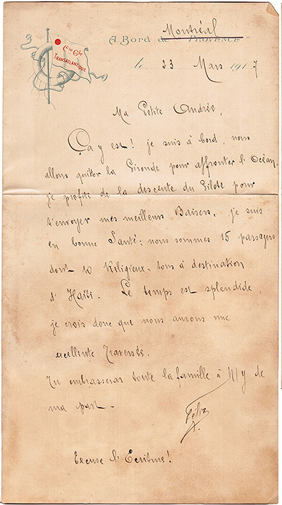 Lettre de Felix Cheriez avant son  embarquement à bord du Montreal le 23 mars 1917